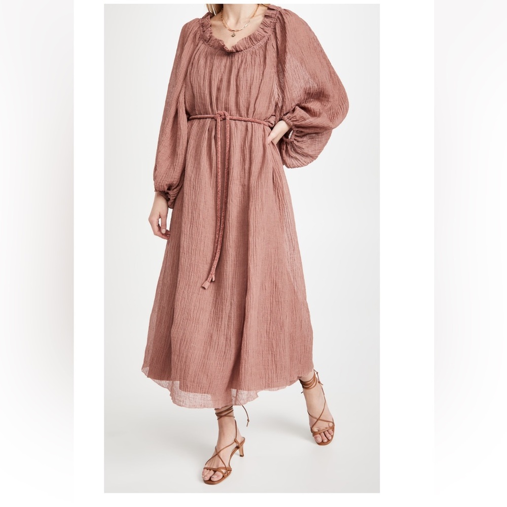 NWT Tory Burch Ruffle Neck Wood Rose Linen cotton Blend Dress Womens size S